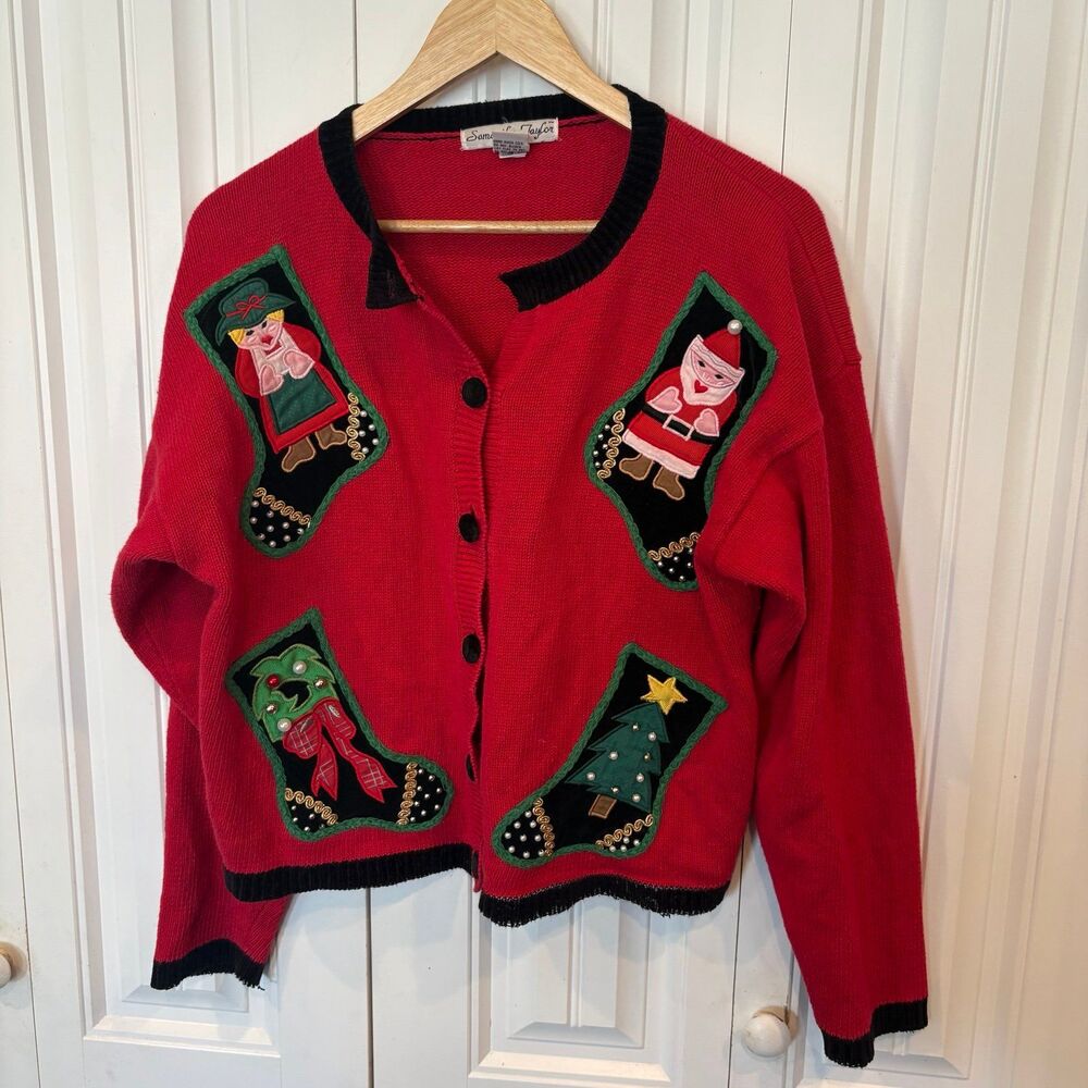 Samantha Taylor Red Christmas Stocking‎ Cardigan Size Large